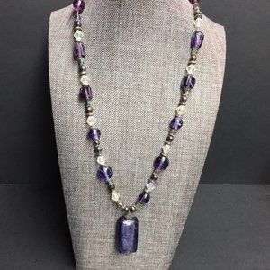 Purple Pendant Necklace Iridescent Toggle Silver Clear Faceted Retro Boho Glam